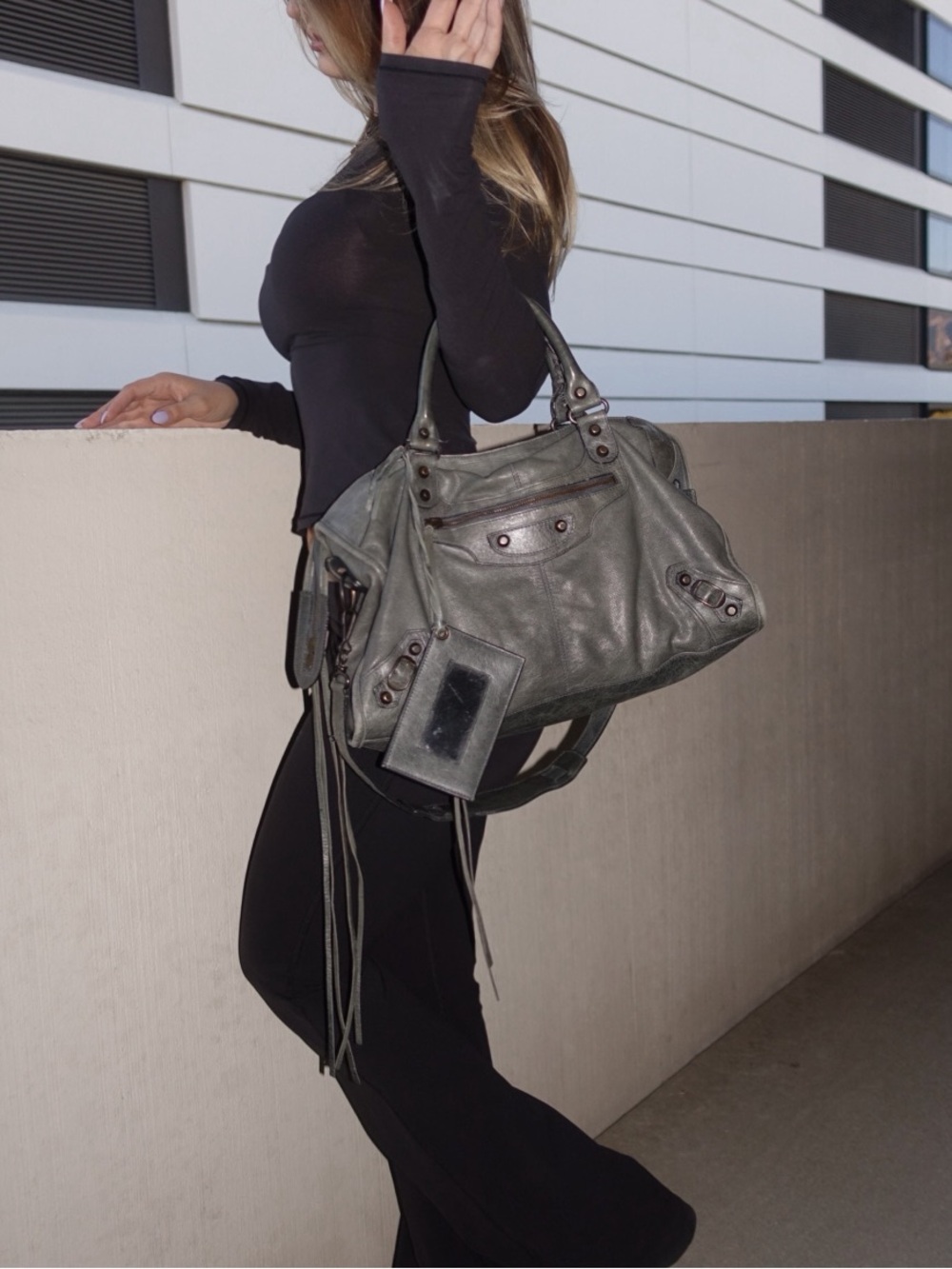 Authentic Balenciaga city bag in grey perforated leather